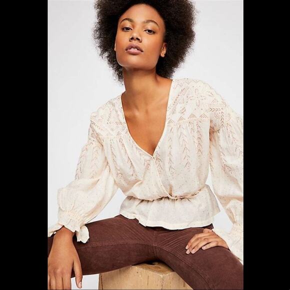 Free People Tops - FREE PEOPLE Womens XS 100% Cotton V Neck Peplum Glitter Peasant Poet Blouse